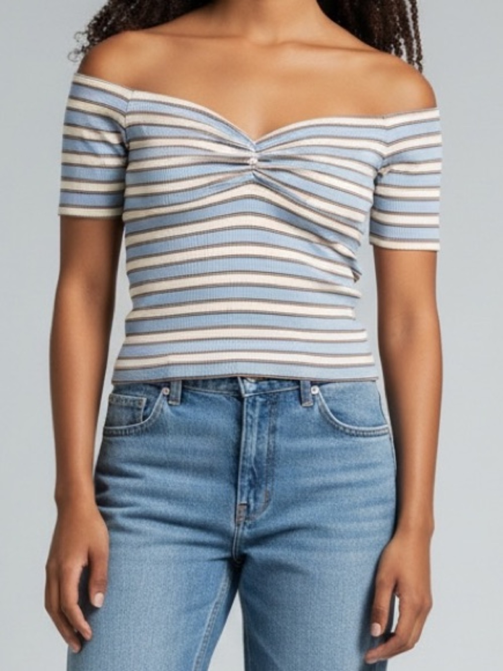 Off Shoulder Ribbed Stripe Top Blue Cream Y2K Soft Girl Retro H&M Divided